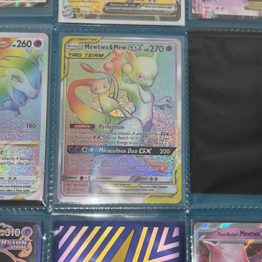 Pokemon TAG TEAM Mewtwo & Mew GX Holo Rainbow Card - Green, Pink, Yellow